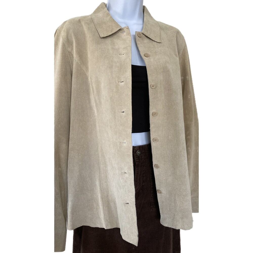 Vintage 90s y2k Minimalist Beige Perforated Suede Leather Button Down Shirt S/M
